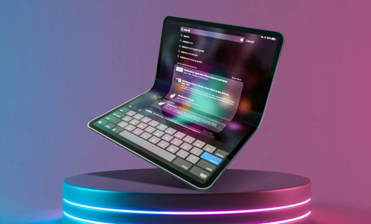 A concept image of a foldable Apple iPhone with a virtual keyboard displayed.