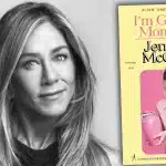 Jennifer Aniston and cover of the book "I'm Glad My Mom Died" by Jennette McCurdy.