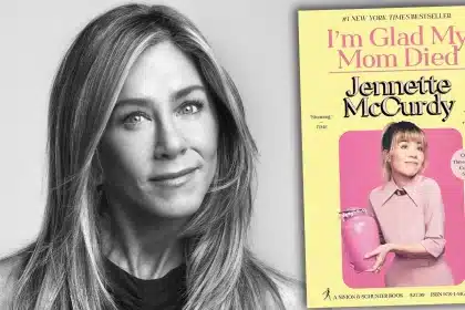 Jennifer Aniston and cover of the book "I'm Glad My Mom Died" by Jennette McCurdy.