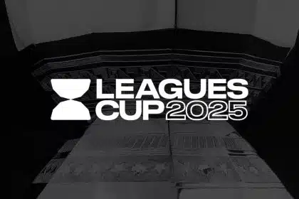 Leagues Cup 2025 logo displayed over a dark, patterned background.