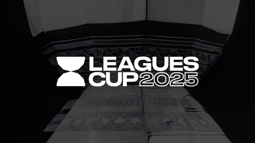 Leagues Cup 2025 logo displayed over a dark, patterned background.