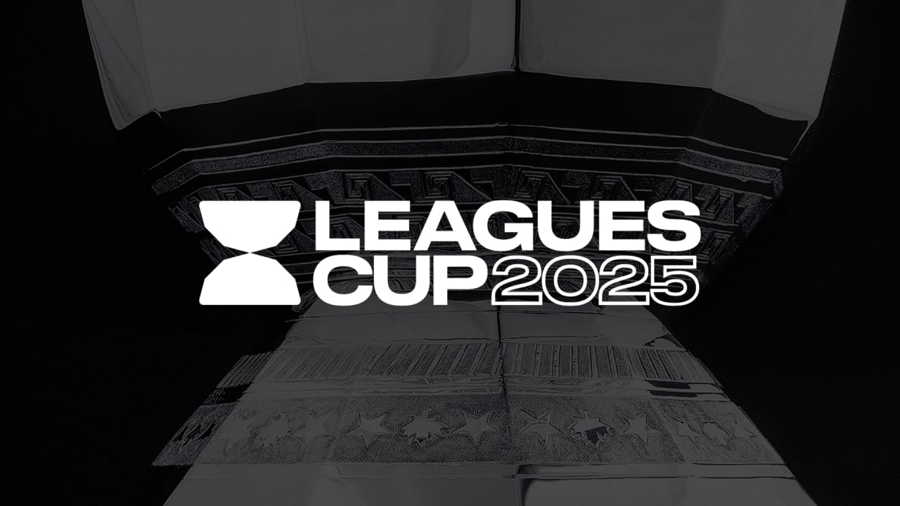 Leagues Cup 2025 logo displayed over a dark, patterned background.