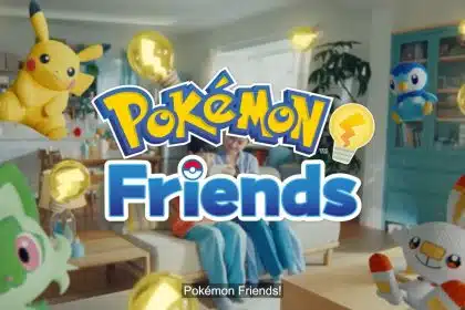 A colourful Pokémon Friends logo with plush Pikachu, Piplup, Sprigatito, and Scorbunny floating in a cozy living room.