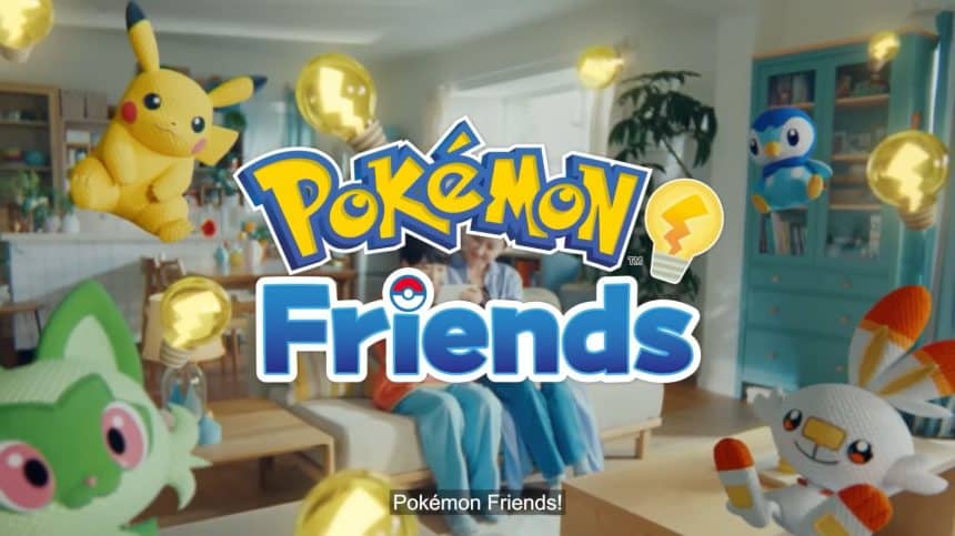 A colourful Pokémon Friends logo with plush Pikachu, Piplup, Sprigatito, and Scorbunny floating in a cozy living room.