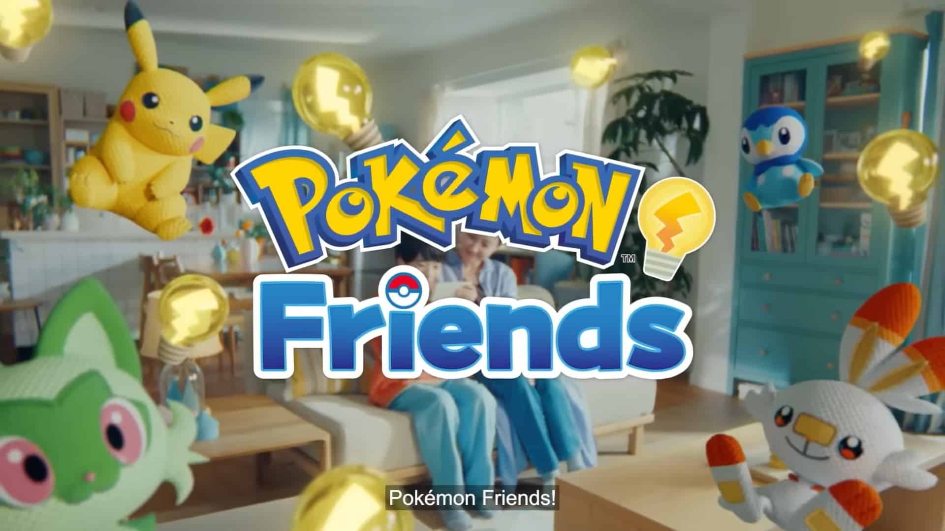 A colourful Pokémon Friends logo with plush Pikachu, Piplup, Sprigatito, and Scorbunny floating in a cozy living room.
