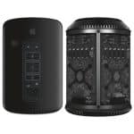 Front and internal view of Apple’s 2013 cylindrical “Trash Can” Mac Pro.