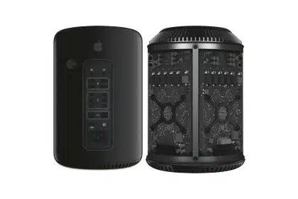 Front and internal view of Apple’s 2013 cylindrical “Trash Can” Mac Pro.