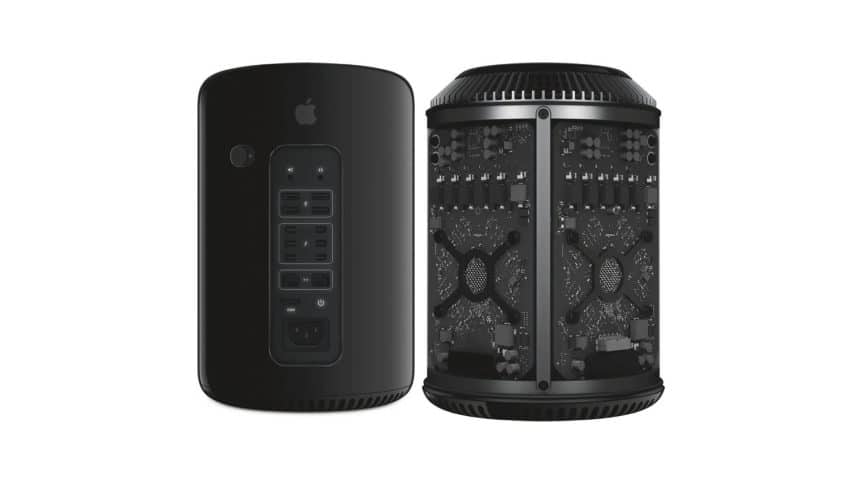 Front and internal view of Apple’s 2013 cylindrical “Trash Can” Mac Pro.