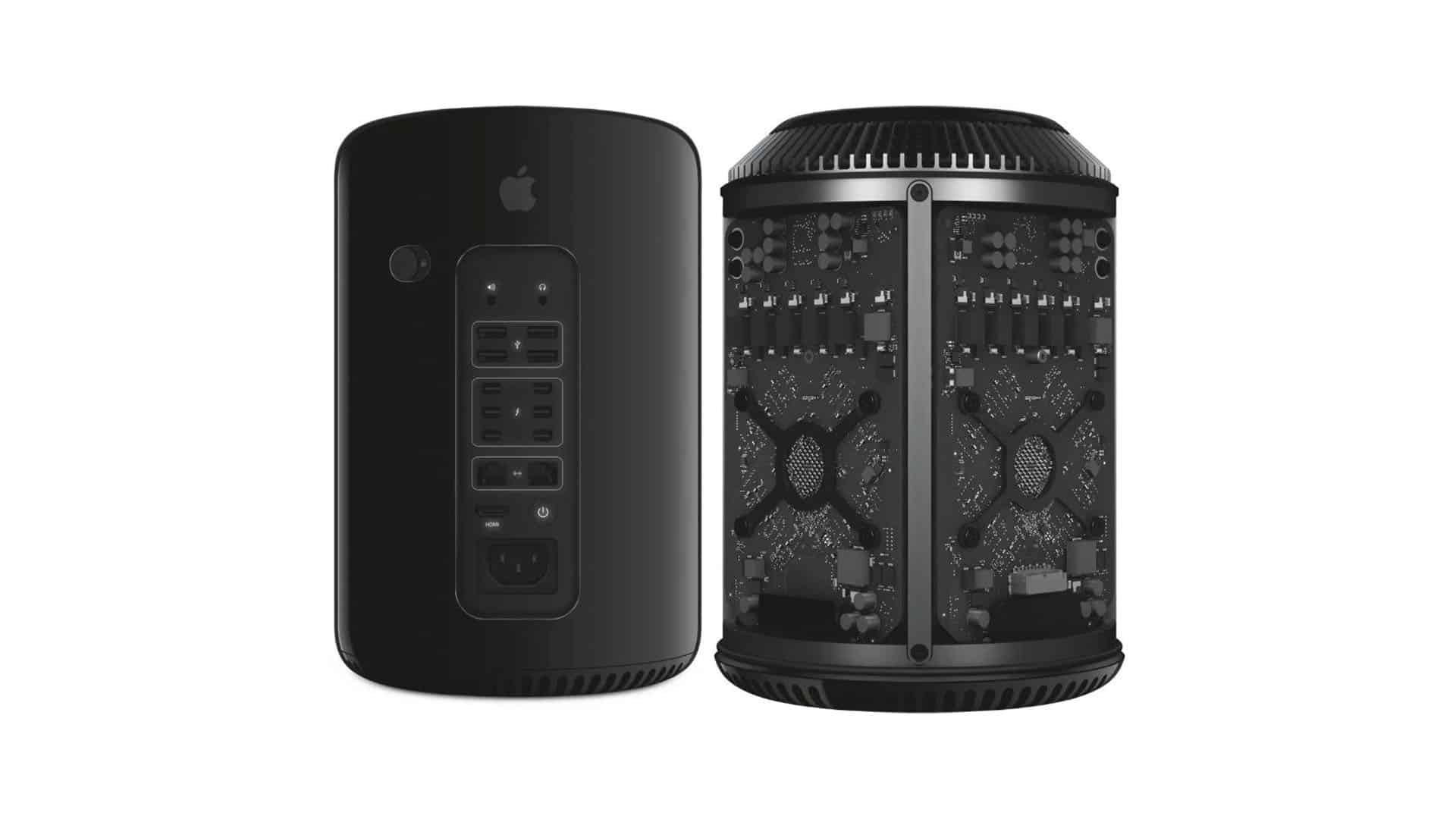 Front and internal view of Apple’s 2013 cylindrical “Trash Can” Mac Pro.