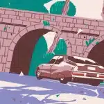 Illustration of a car driving under a stone bridge in a stylized art style.