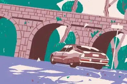 Illustration of a car driving under a stone bridge in a stylized art style.