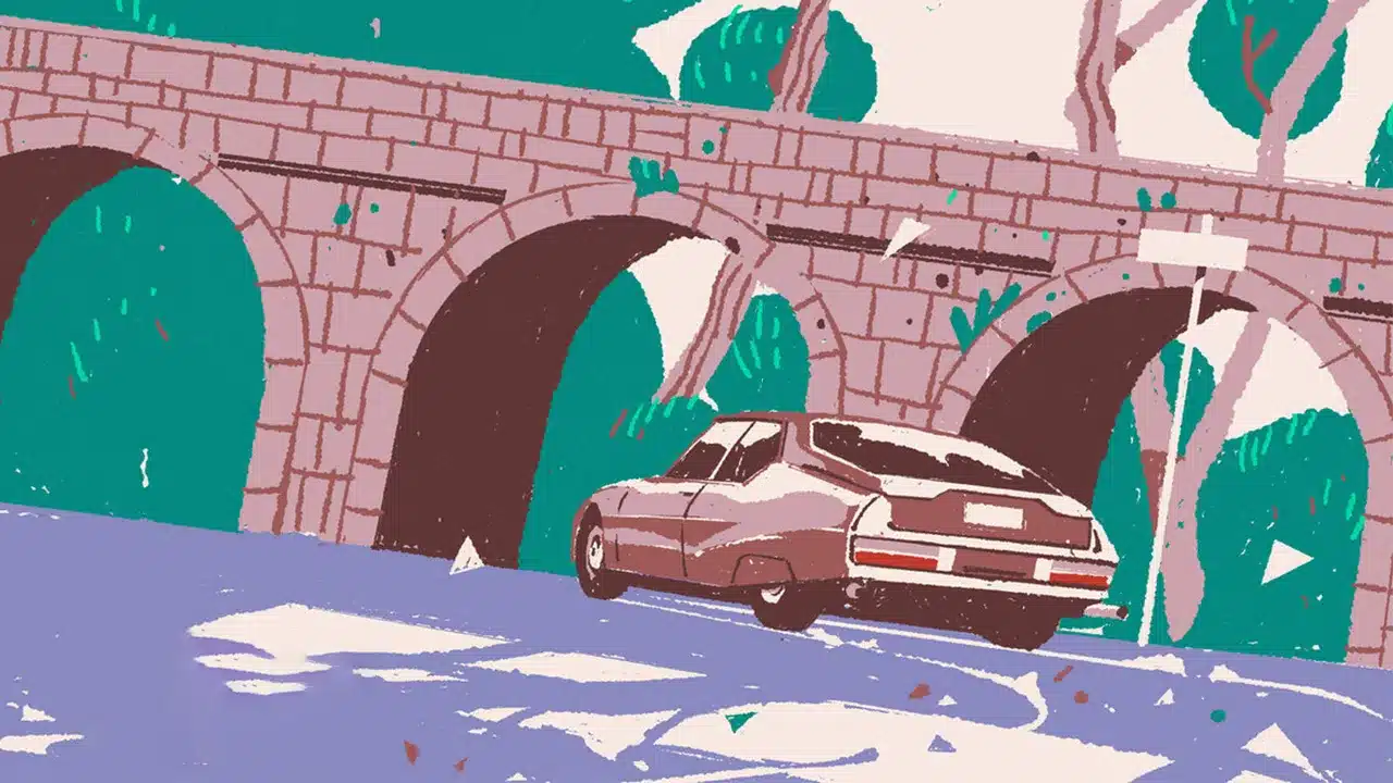 Illustration of a car driving under a stone bridge in a stylized art style.