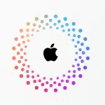 Apple logo surrounded by a colourful dotted circular pattern.