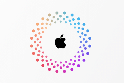 Apple logo surrounded by a colourful dotted circular pattern.