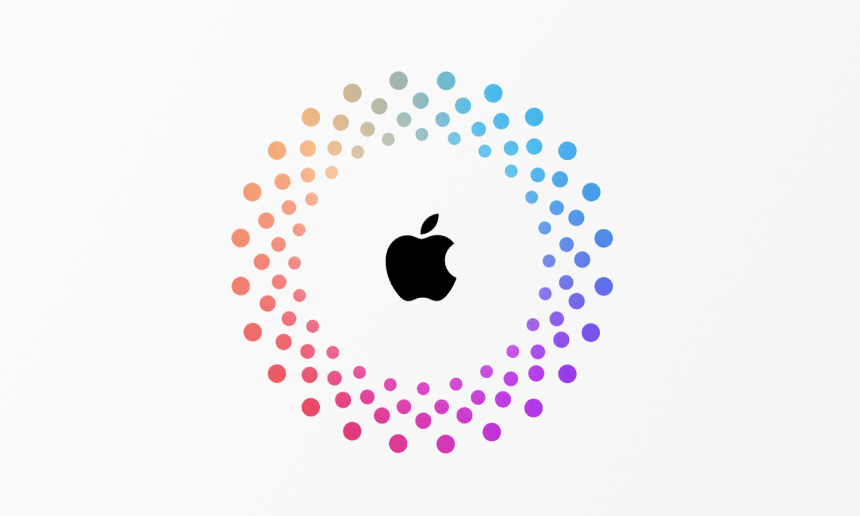 Apple logo surrounded by a colourful dotted circular pattern.