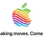 Colourful Apple logo with the text “We’re making moves. Come with us.” written below.
