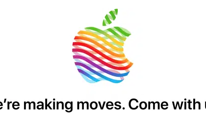 Colourful Apple logo with the text “We’re making moves. Come with us.” written below.