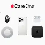 AppleCare One logo with Apple devices including MacBook, iPhone, iPad, Watch, and AirPods.