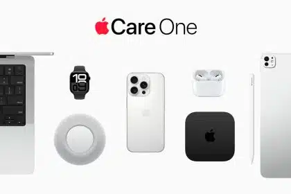 AppleCare One logo with Apple devices including MacBook, iPhone, iPad, Watch, and AirPods.