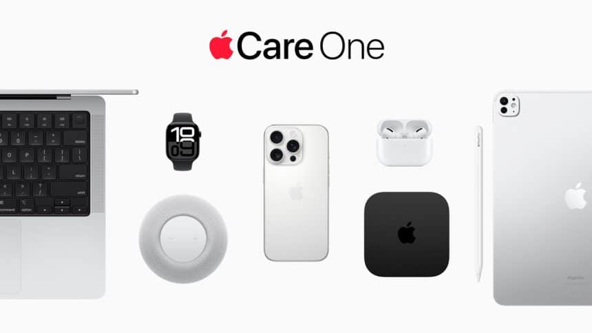 AppleCare One logo with Apple devices including MacBook, iPhone, iPad, Watch, and AirPods.