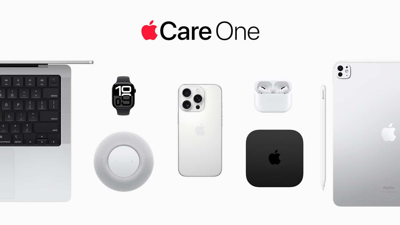 AppleCare One logo with Apple devices including MacBook, iPhone, iPad, Watch, and AirPods.