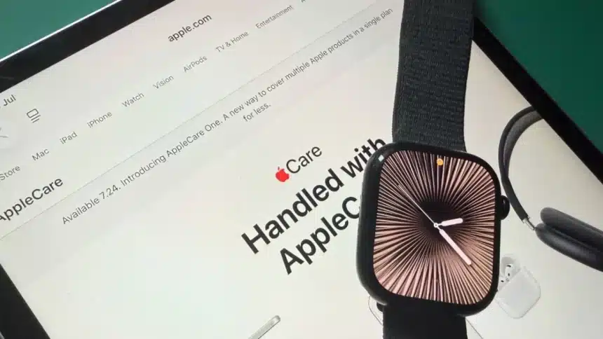 Apple Watch placed on an iPad displaying AppleCare information.