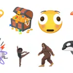New emojis including a trombone, treasure chest, shocked face, apple core, fight cloud, ballerina, Bigfoot, and orca.