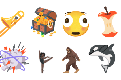 New emojis including a trombone, treasure chest, shocked face, apple core, fight cloud, ballerina, Bigfoot, and orca.