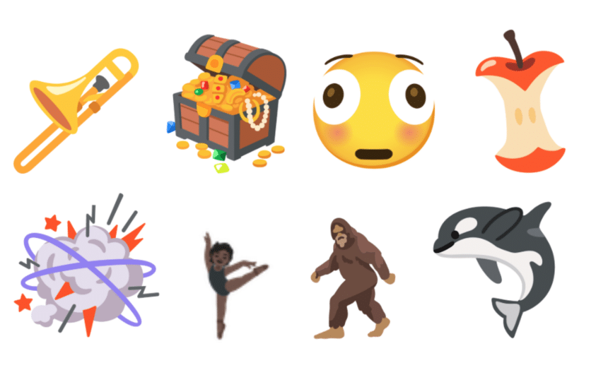 New emojis including a trombone, treasure chest, shocked face, apple core, fight cloud, ballerina, Bigfoot, and orca.