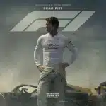 Brad Pitt stands in front of a Formula 1 car in the movie poster for F1.