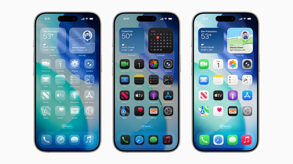 Three iPhones displaying iOS home screens with widgets, apps, and dynamic wallpapers.