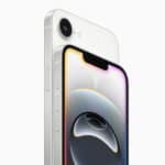 Close-up view of two white Apple iPhone 16 models stacked together.
