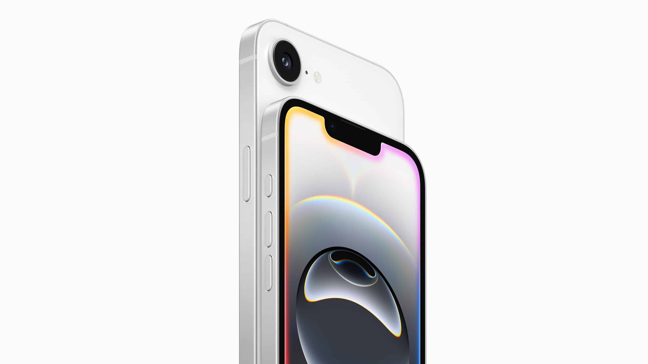 Close-up view of two white Apple iPhone 16 models stacked together.