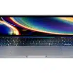 A silver MacBook Pro with a colourful screen, partially open.