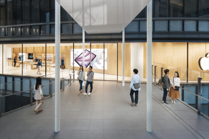 People walking outside the new Apple Umeda store in Osaka, Japan.