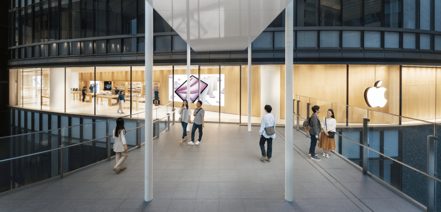 People walking outside the new Apple Umeda store in Osaka, Japan.