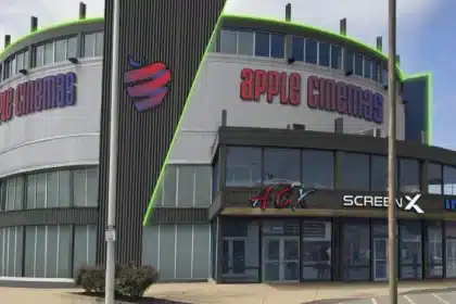 Apple Cinemas building with bold signage and ACX, ScreenX, and IMAX logos visible.