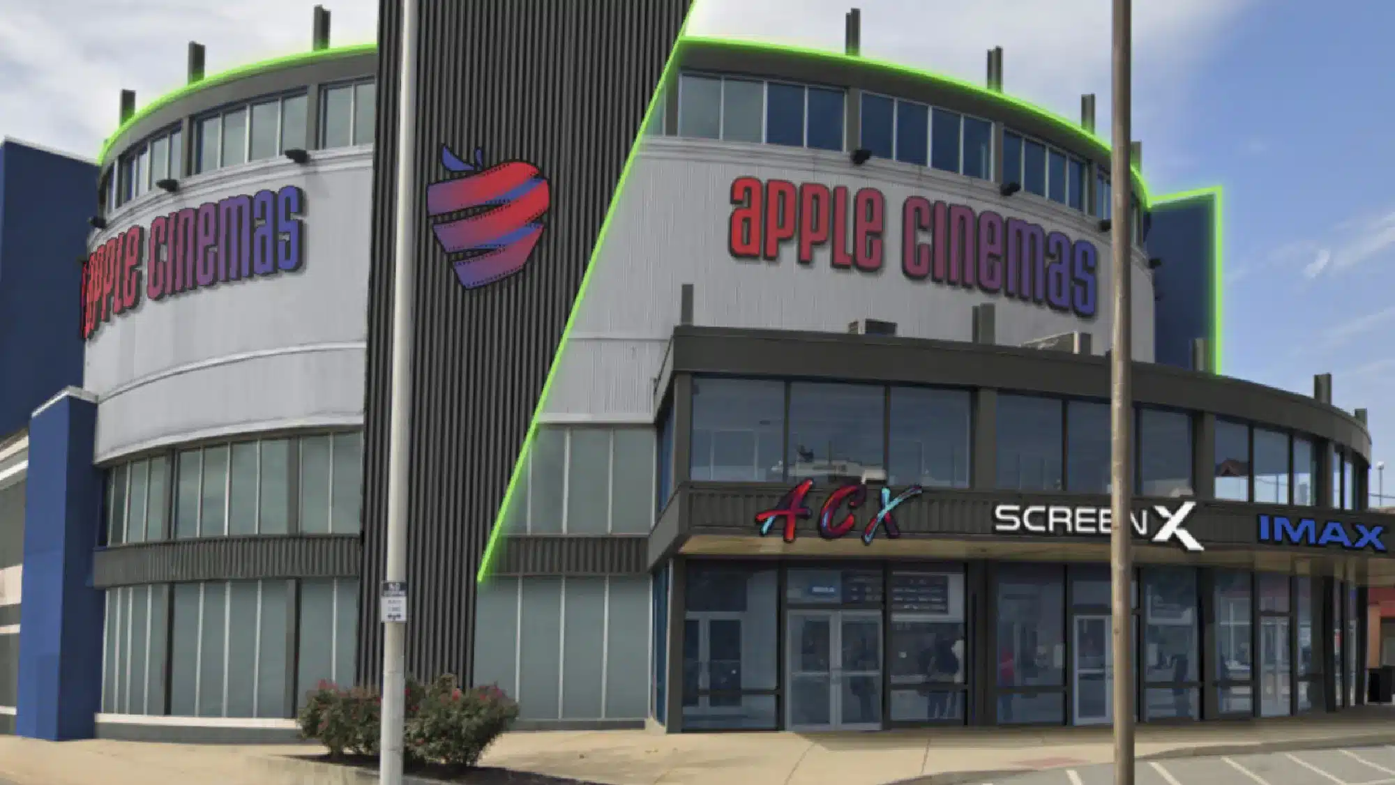 Apple Cinemas building with bold signage and ACX, ScreenX, and IMAX logos visible.