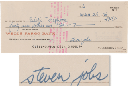 Vintage Apple Computer Co. check from 1976 signed by Steve Jobs.