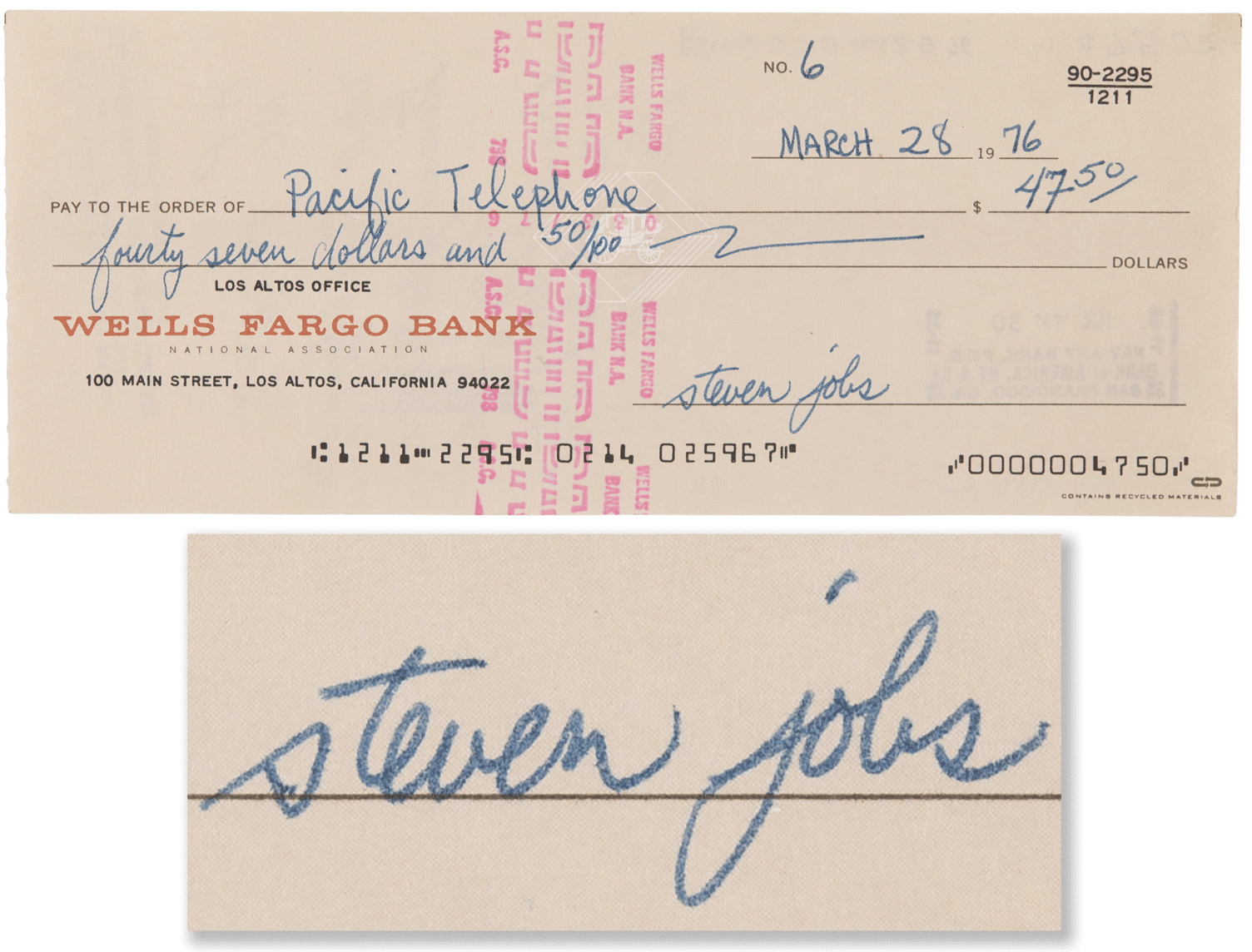 Vintage Apple Computer Co. check from 1976 signed by Steve Jobs.