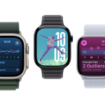 Three Apple Watch Series 11 models displaying health tracking, fitness, and sleep monitoring screens.