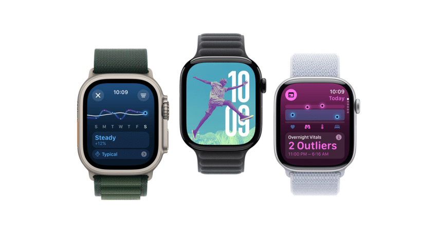 Three Apple Watch Series 11 models displaying health tracking, fitness, and sleep monitoring screens.