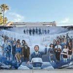 Apple TV+ mural in Los Angeles featuring characters from the show "Severance."