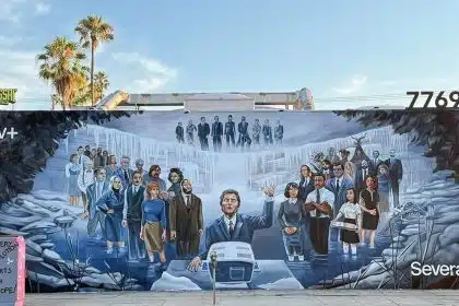 Apple TV+ mural in Los Angeles featuring characters from the show "Severance."