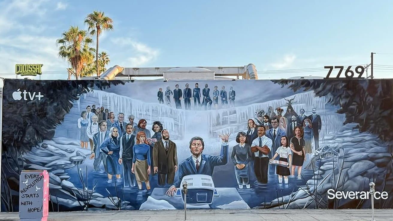 Apple TV+ mural in Los Angeles featuring characters from the show "Severance."