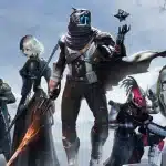 Group of futuristic characters from Destiny: Rising, holding weapons in a sci-fi setting.