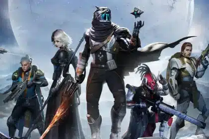 Group of futuristic characters from Destiny: Rising, holding weapons in a sci-fi setting.