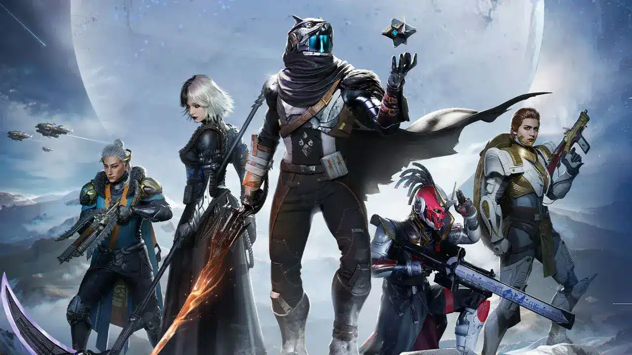 Group of futuristic characters from Destiny: Rising, holding weapons in a sci-fi setting.