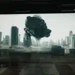 Sci-fi spaceship hovering over a futuristic city skyline.