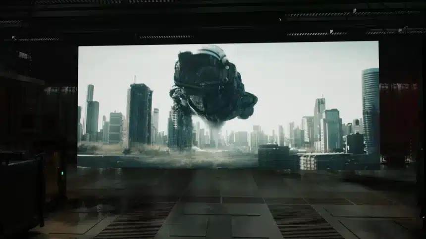 Sci-fi spaceship hovering over a futuristic city skyline.
